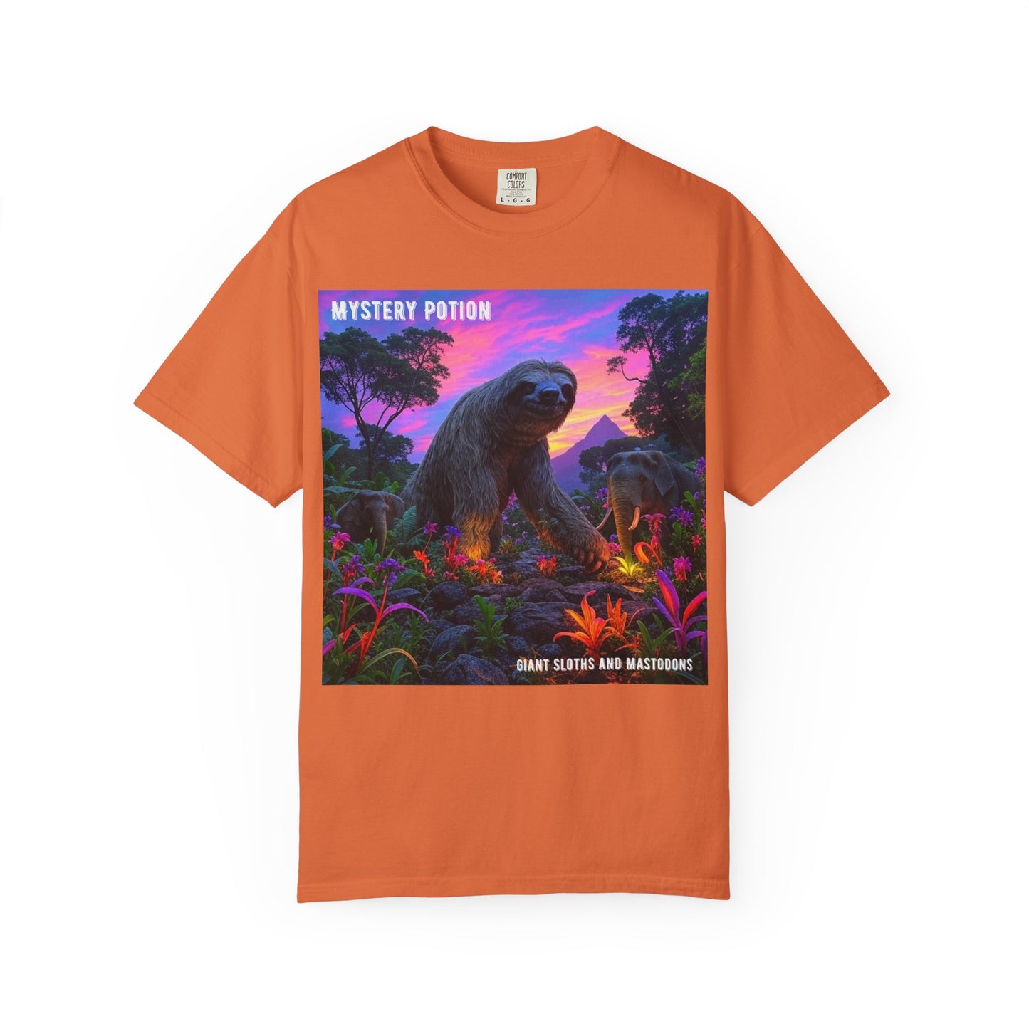 Mystery Potion's Giant Sloths and Mastodons Graphic T-Shirt | Unisex Garment-Dyed Tee for Nature Lovers, Unique Gift, Festival Wear, Prehistoric Design