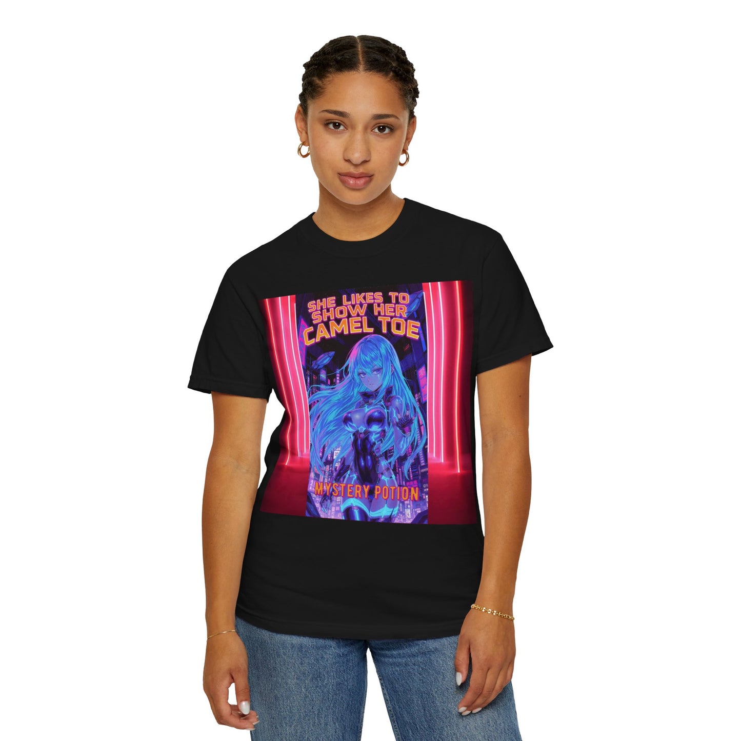 Anime Neon Tee — "She Likes to Show Her Camel Toe" Graphic T-Shirt