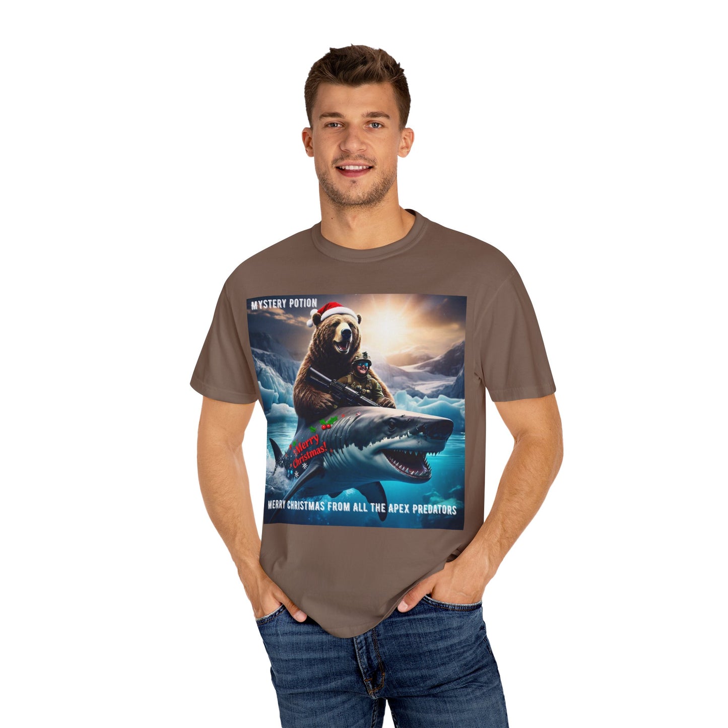 X-mas Humor T-Shirt "Merry Christmas from All the Apex Predators", Unisex Garment-Dyed Tee, Funny Holiday Shirt, Gift for Friends, Outdoor Adventure Wear, Novelty Apparel