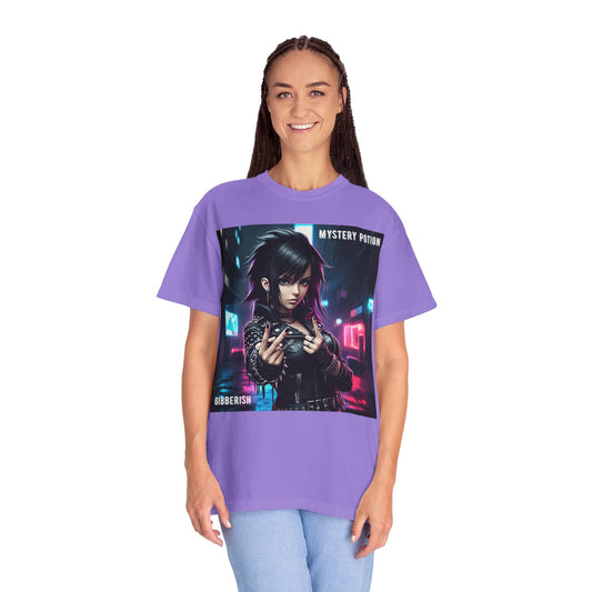 'Gibberish' by Mystery Potion, Cyberpunk Manga Graphic T-Shirt, Edgy Streetwear, Unisex Tee, Vintage Look, Gaming Style, Art Lover Gift