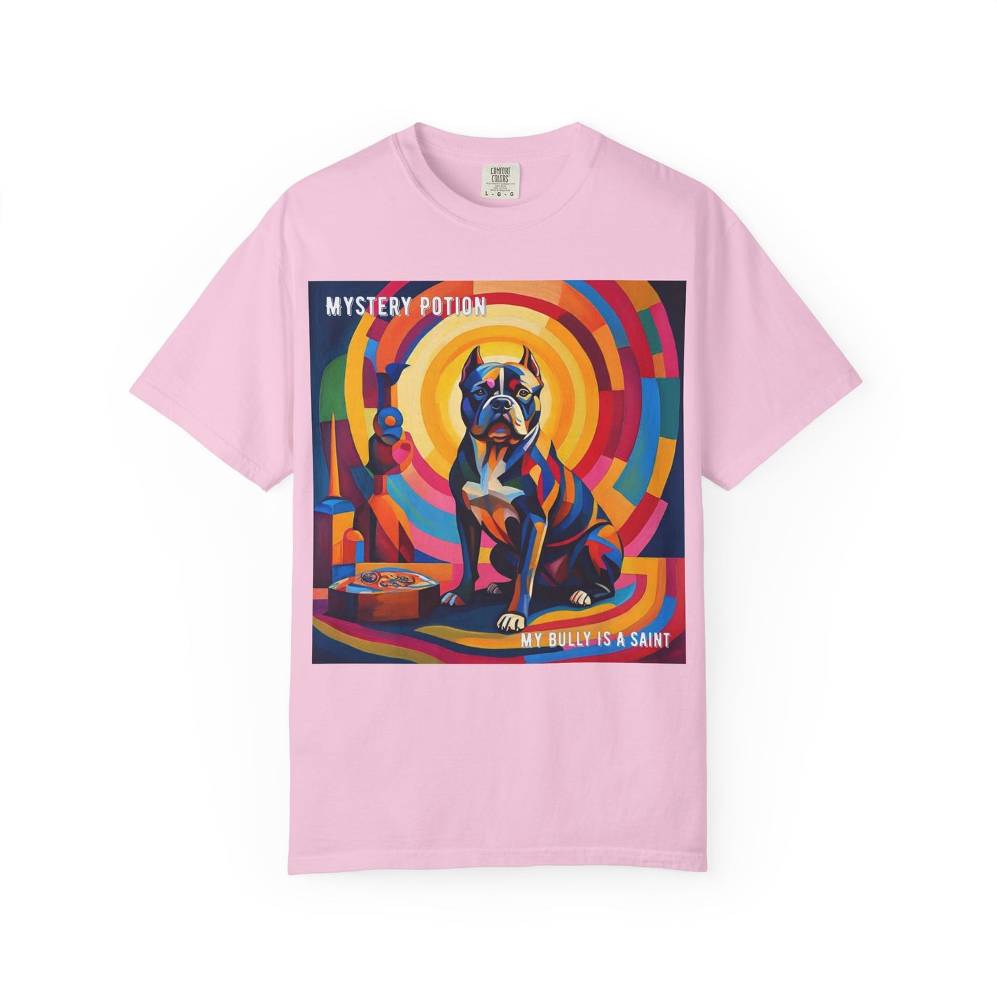 'My Bully Is A Saint' by Mystery Potion Colorful Dog Art T-shirt, Unisex Graphic Tee by Mystery Potion, Perfect for Pet Lovers, Comfy Casual Wear, Great Gift for Dog Lovers