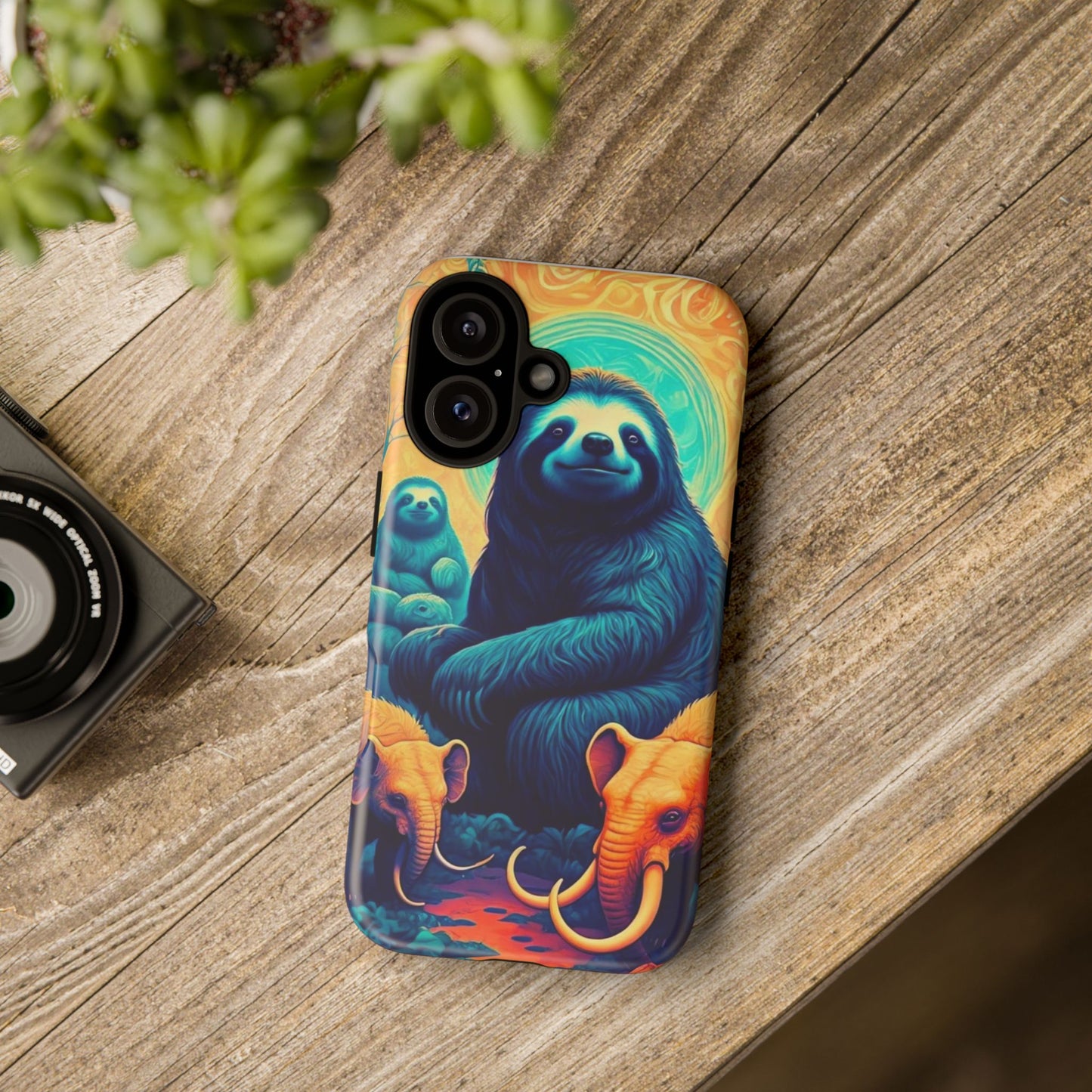 Vibrant Prehistoric Animal Phone Case, Cute Giant Sloth and Mastodon Elephant Design, Unique Gift for Nature Lovers, Colorful Case for Wildlife Enthusiasts