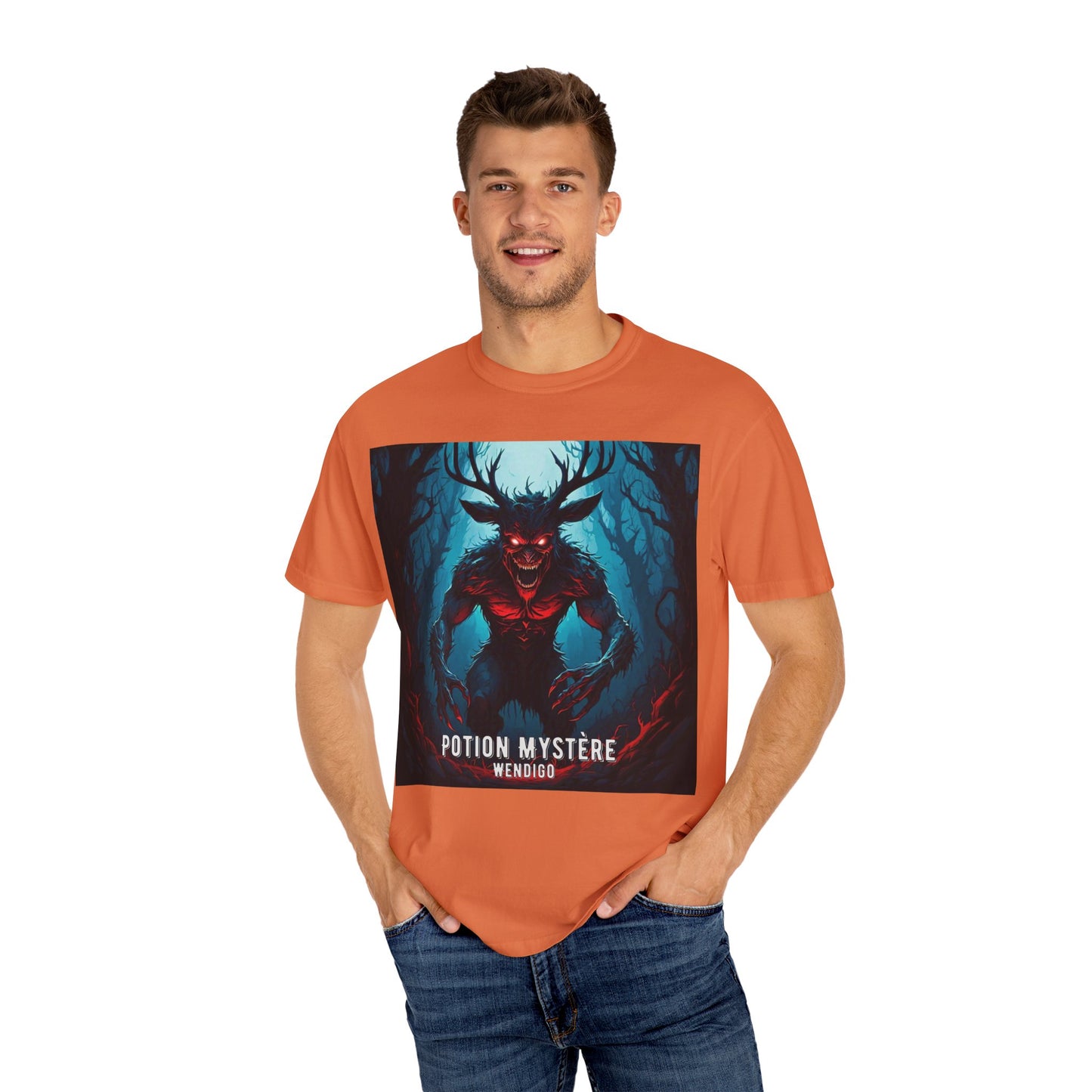 Mystical Wendigo T-Shirt, Unisex Garment-Dyed Tee, Potion Mystère Shirt, Halloween Apparel, Unique Graphic Tee