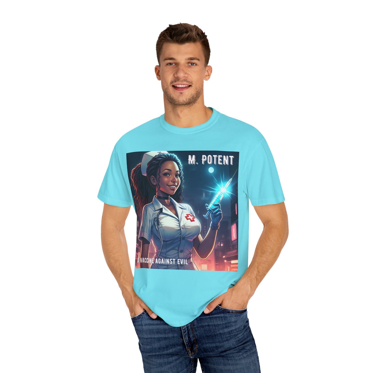 M. Potent's 'A Vaccine Against Evil', Medicine-Themed Unisex T-Shirt, Positive Vibes, Great for Nurses, Vaccination Awareness, Gift for Healthcare Workers