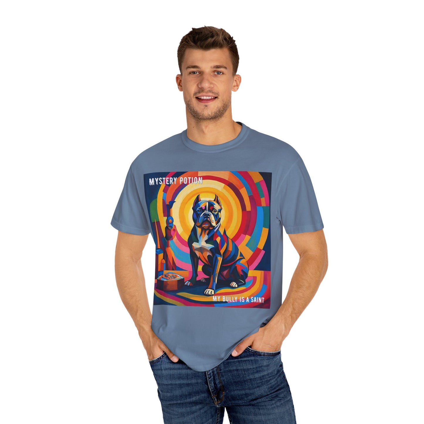 'My Bully Is A Saint' by Mystery Potion Colorful Dog Art T-shirt, Unisex Graphic Tee by Mystery Potion, Perfect for Pet Lovers, Comfy Casual Wear, Great Gift for Dog Lovers