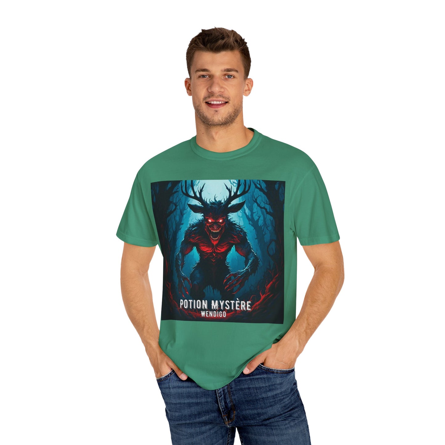 Mystical Wendigo T-Shirt, Unisex Garment-Dyed Tee, Potion Mystère Shirt, Halloween Apparel, Unique Graphic Tee