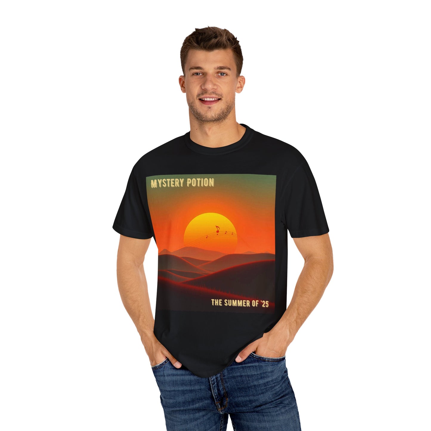'The Summer of '25'  by Mystery Potion, Mystical Sunset T-Shirt - Unisex Garment-Dyed Tee, Retro Vibe, Bohemian Style, Summer Essential Swag