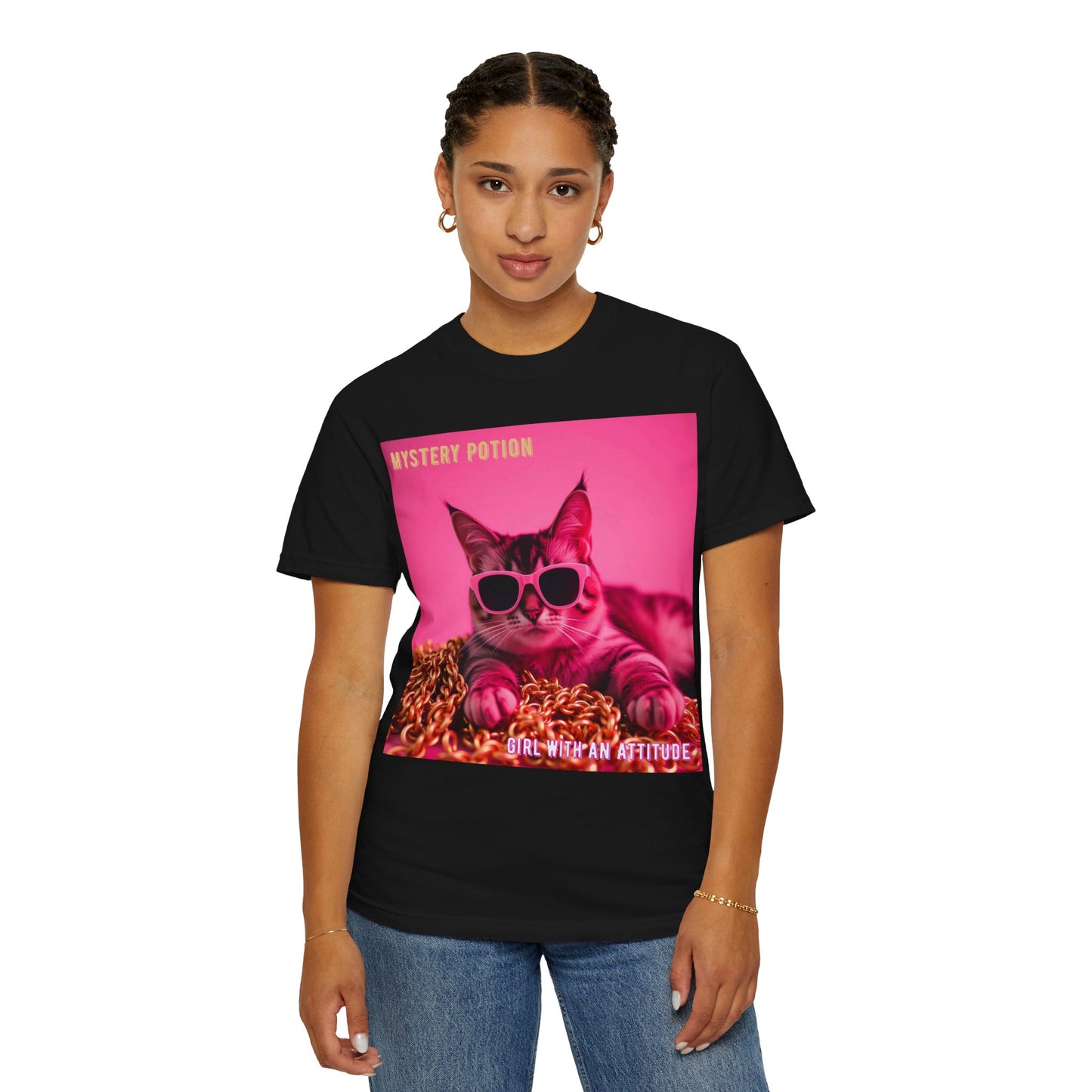 'Girl With An Attitude' by Mystery Potion, Cool Cat T-shirt, Fun Cat Tee, Gift for Cat Lovers, Casual Wear, Unique Fashion Statement, Attitude T-shirt