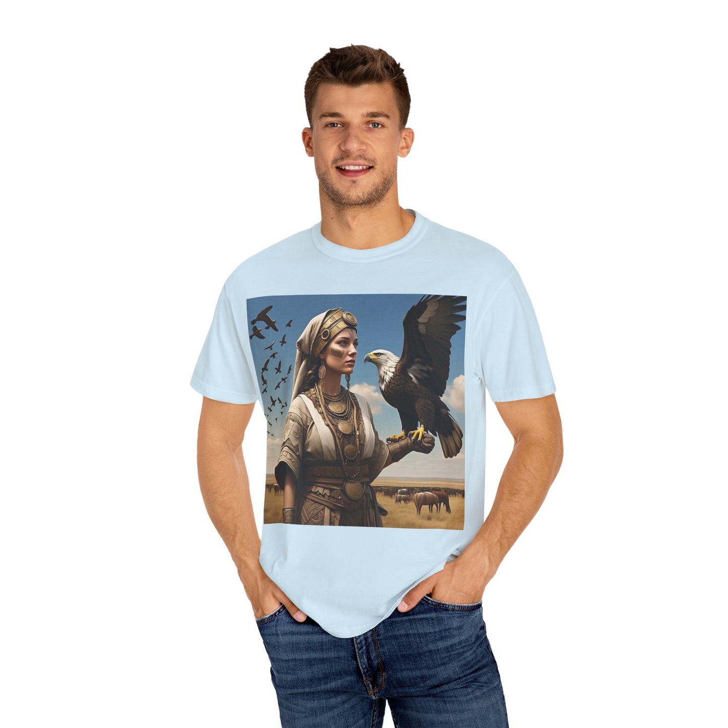 Empowered Eagle and Scythian Woman T-Shirt, Unisex Garment-Dyed Tee, Nature Lover Shirt, Gift for Bird Enthusiasts, Unique Graphic Tee