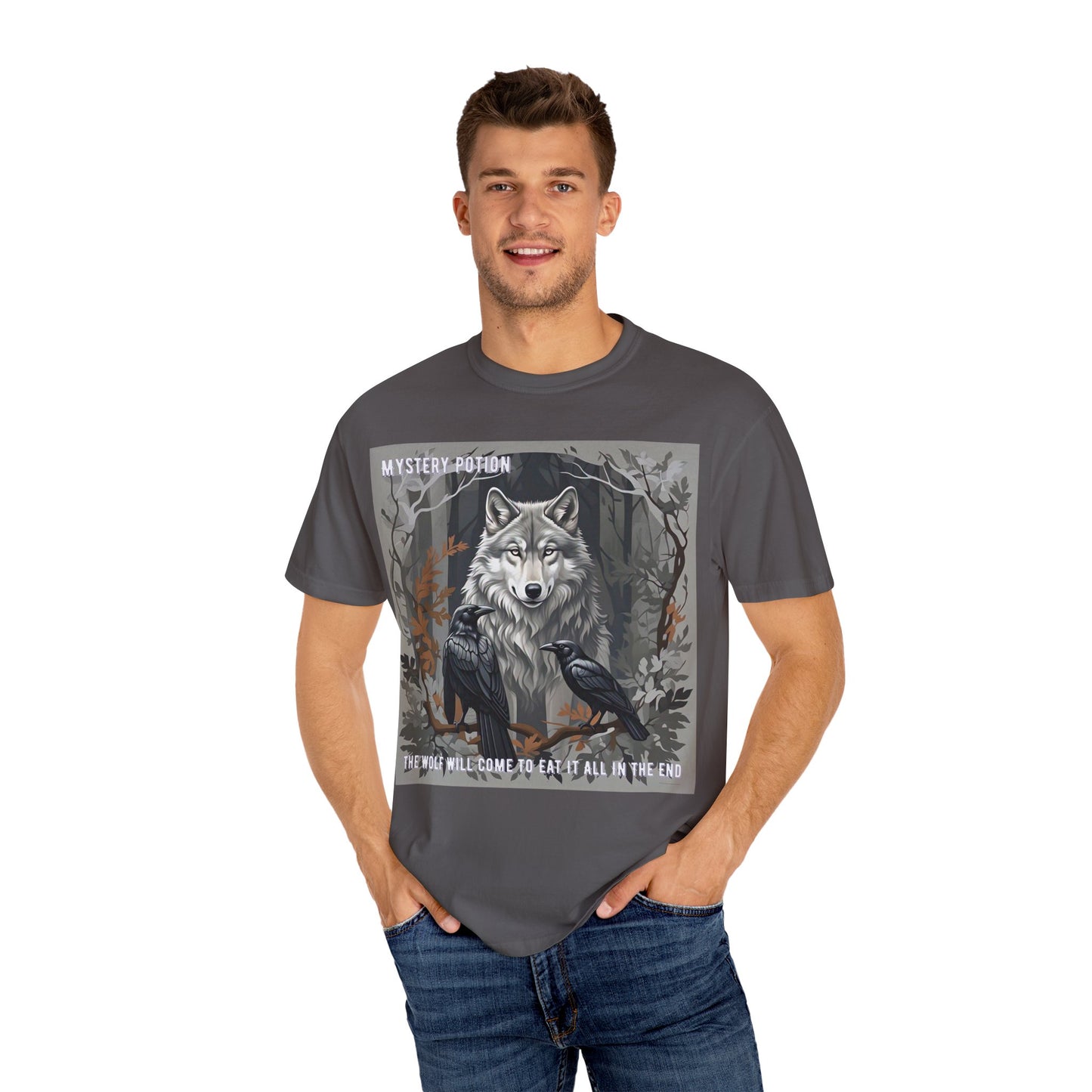 'The Wolf Will Come To Eat It All In The End' by Mystery Potion, Unisex T-Shirt, Edgy Graphic Tee, Animal Lover Gift, Fantasy Shirt, Halloween Apparel, Unique Graphic Shirt