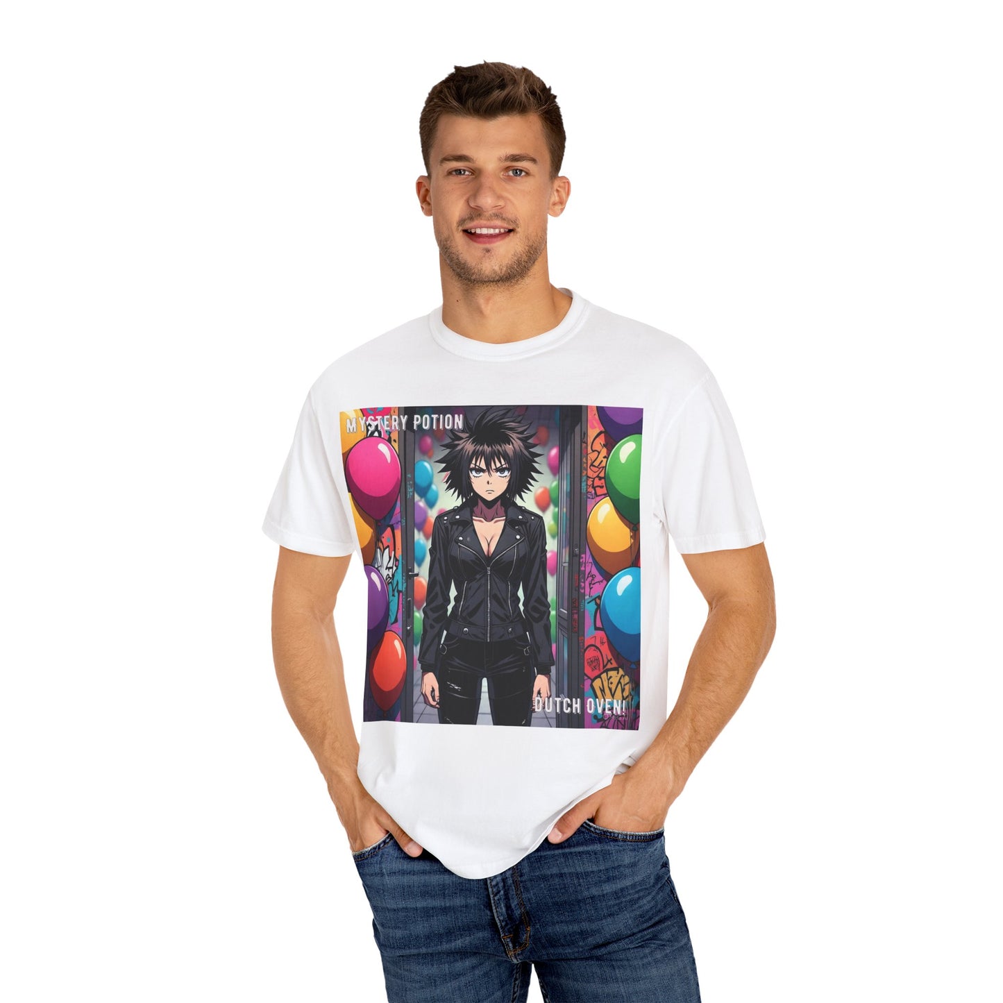 Mystery Potion's 'Dutch Oven', Whimsical Grabber Style Anime Graphic T-shirt featuring Bold Art, Anime Style Tee, Unisex Casual Wear, Gift for Friends, Trendy Statement Shirt