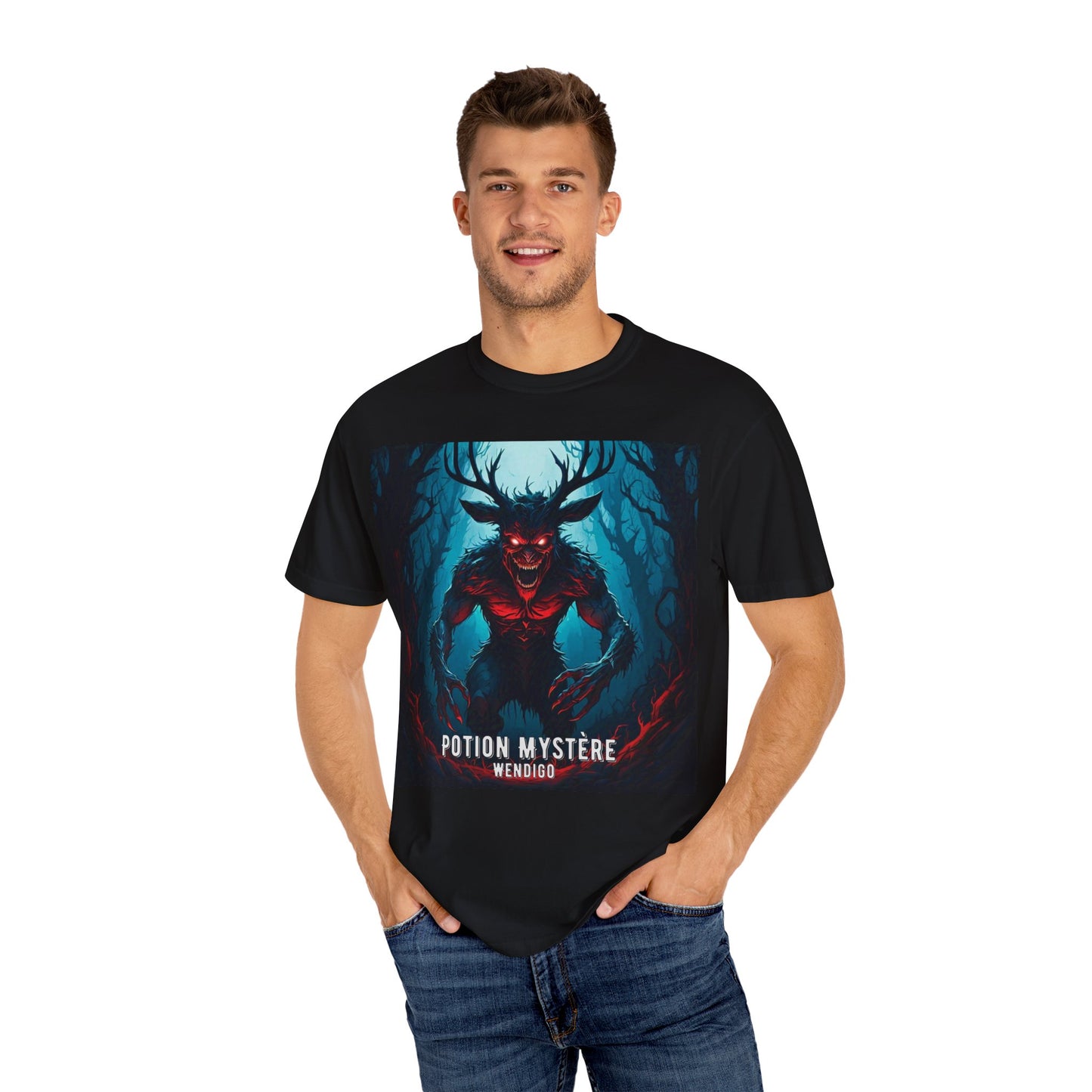 Mystical Wendigo T-Shirt, Unisex Garment-Dyed Tee, Potion Mystère Shirt, Halloween Apparel, Unique Graphic Tee