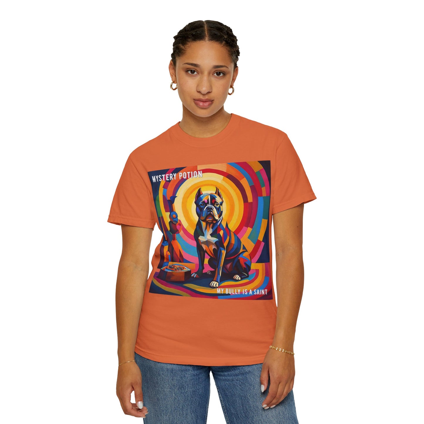 'My Bully Is A Saint' by Mystery Potion Colorful Dog Art T-shirt, Unisex Graphic Tee by Mystery Potion, Perfect for Pet Lovers, Comfy Casual Wear, Great Gift for Dog Lovers