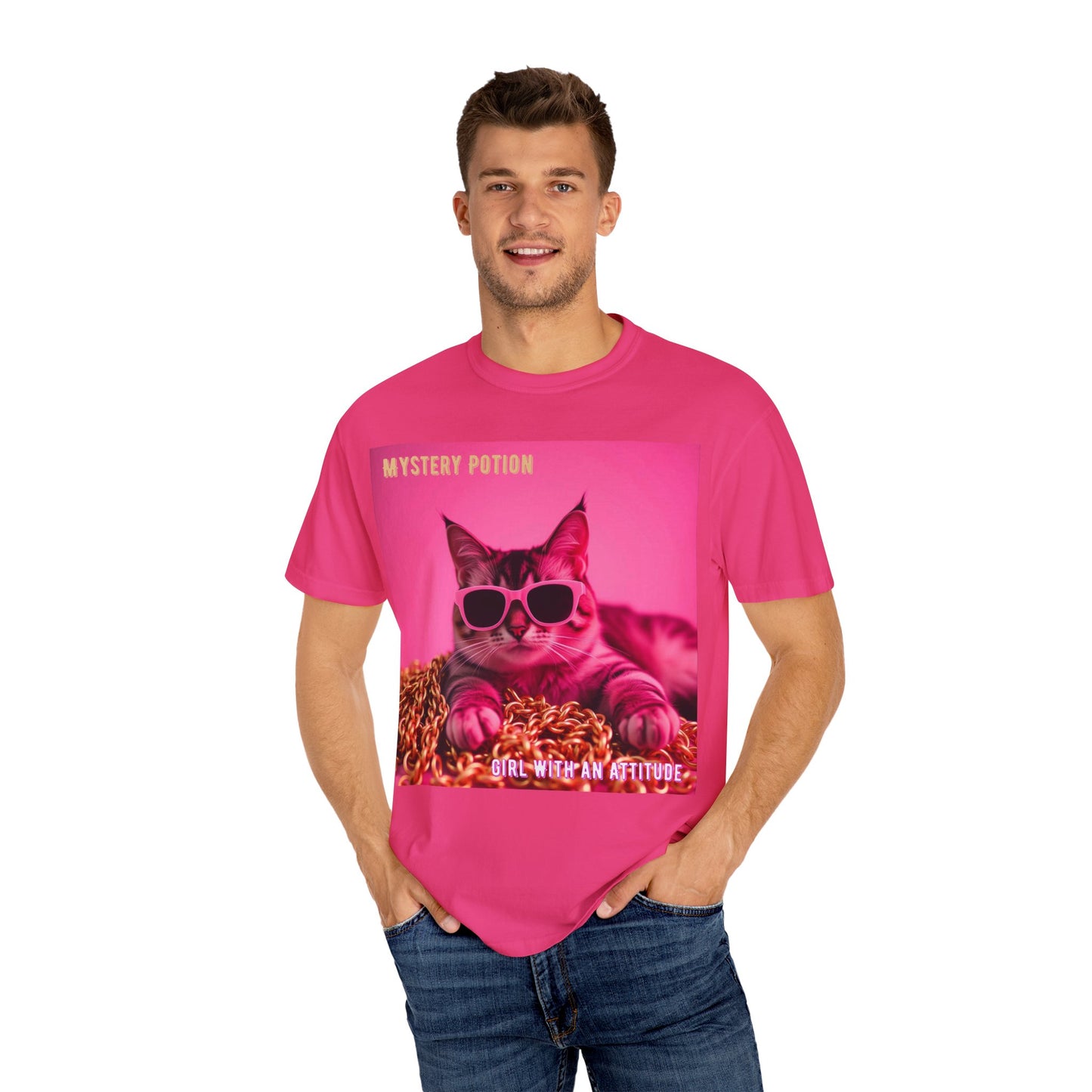 'Girl With An Attitude' by Mystery Potion, Cool Cat T-shirt, Fun Cat Tee, Gift for Cat Lovers, Casual Wear, Unique Fashion Statement, Attitude T-shirt