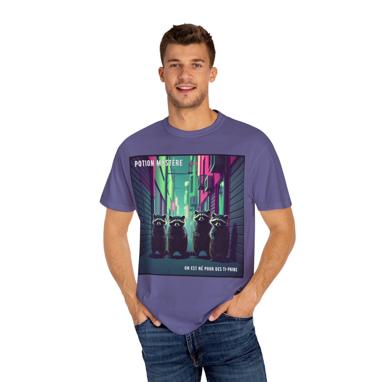 'On Est Né Pour Des Ti Pains' par Potion Mystère, Racoons Graphic Tee for Nature Lovers, Unisex Shirt for Pop Punk Song, Gift for Gamers, Casual Wear, Eco-Friendly Apparel