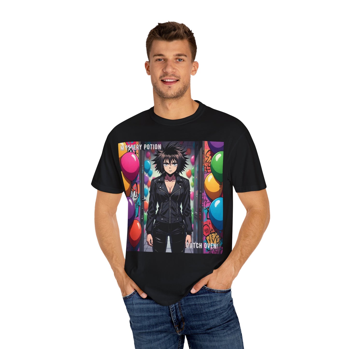 Mystery Potion's 'Dutch Oven', Whimsical Grabber Style Anime Graphic T-shirt featuring Bold Art, Anime Style Tee, Unisex Casual Wear, Gift for Friends, Trendy Statement Shirt