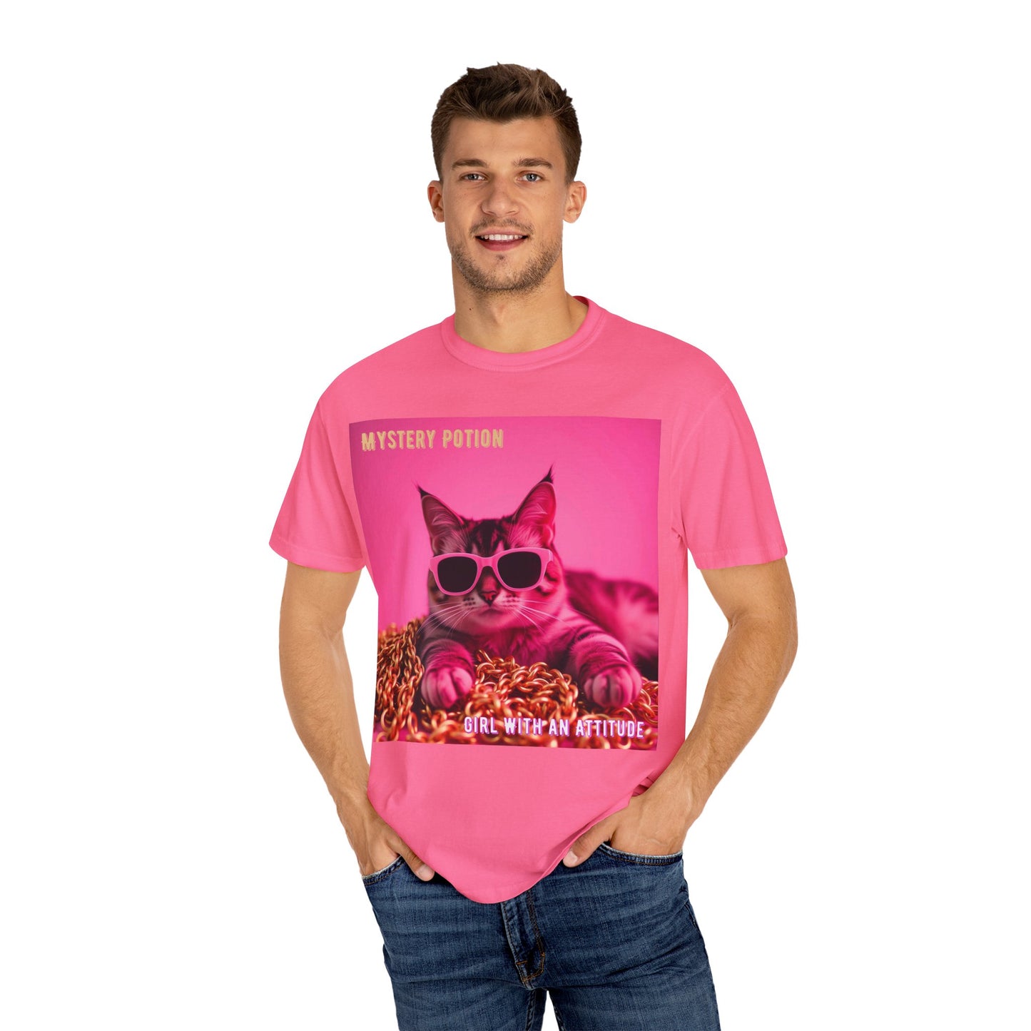 'Girl With An Attitude' by Mystery Potion, Cool Cat T-shirt, Fun Cat Tee, Gift for Cat Lovers, Casual Wear, Unique Fashion Statement, Attitude T-shirt