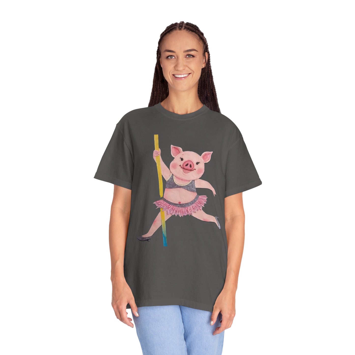 'Playful Pig' T-Shirt, Fun Graphic Tee, Animal Lover Gift, Unique Apparel, Funny T-Shirt, Cute Pig Shirt, Pole-Dancers and Pole Dancing Pig.