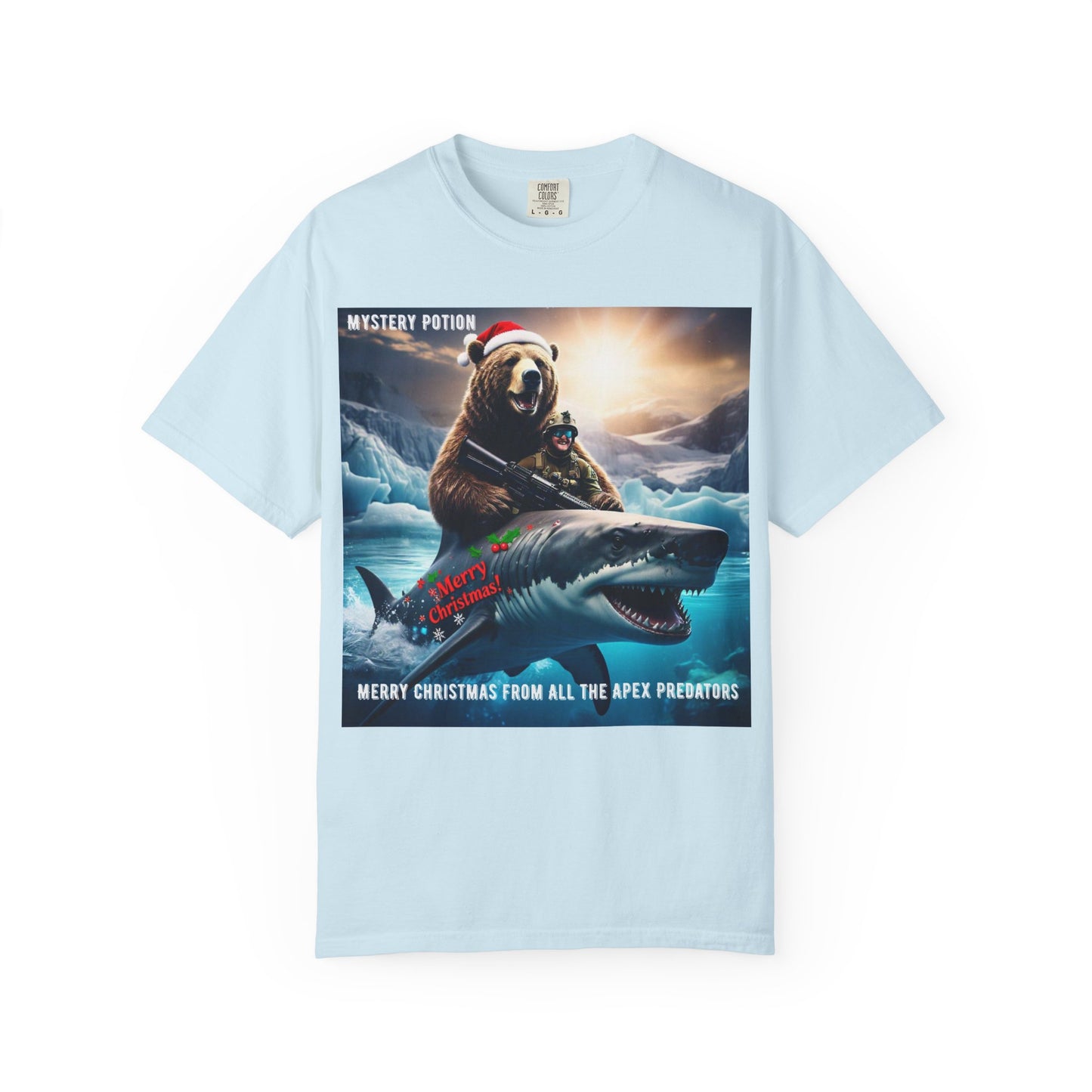 X-mas Humor T-Shirt "Merry Christmas from All the Apex Predators", Unisex Garment-Dyed Tee, Funny Holiday Shirt, Gift for Friends, Outdoor Adventure Wear, Novelty Apparel