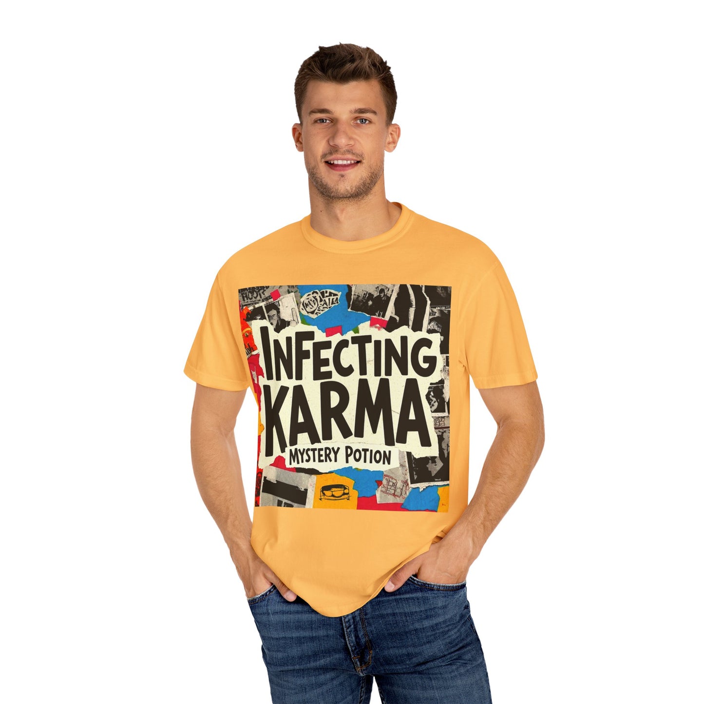 'Infecting Karma' by Mystery Potion,  Mystical Vibes T-shirt Design - Summer Casual Wear, Gift for Friends, Festival Apparel, Unique Statement Tee