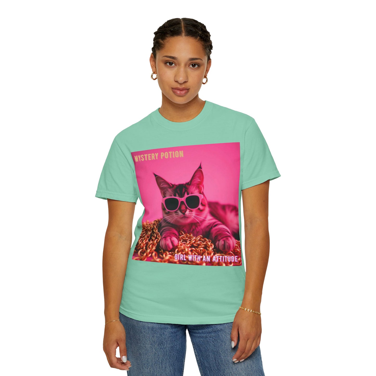 'Girl With An Attitude' by Mystery Potion, Cool Cat T-shirt, Fun Cat Tee, Gift for Cat Lovers, Casual Wear, Unique Fashion Statement, Attitude T-shirt