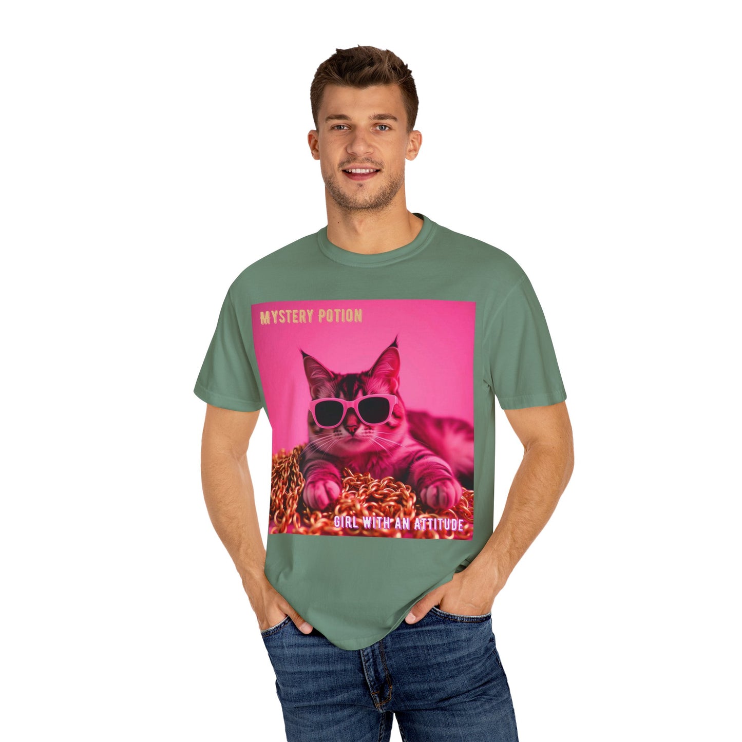 'Girl With An Attitude' by Mystery Potion, Cool Cat T-shirt, Fun Cat Tee, Gift for Cat Lovers, Casual Wear, Unique Fashion Statement, Attitude T-shirt