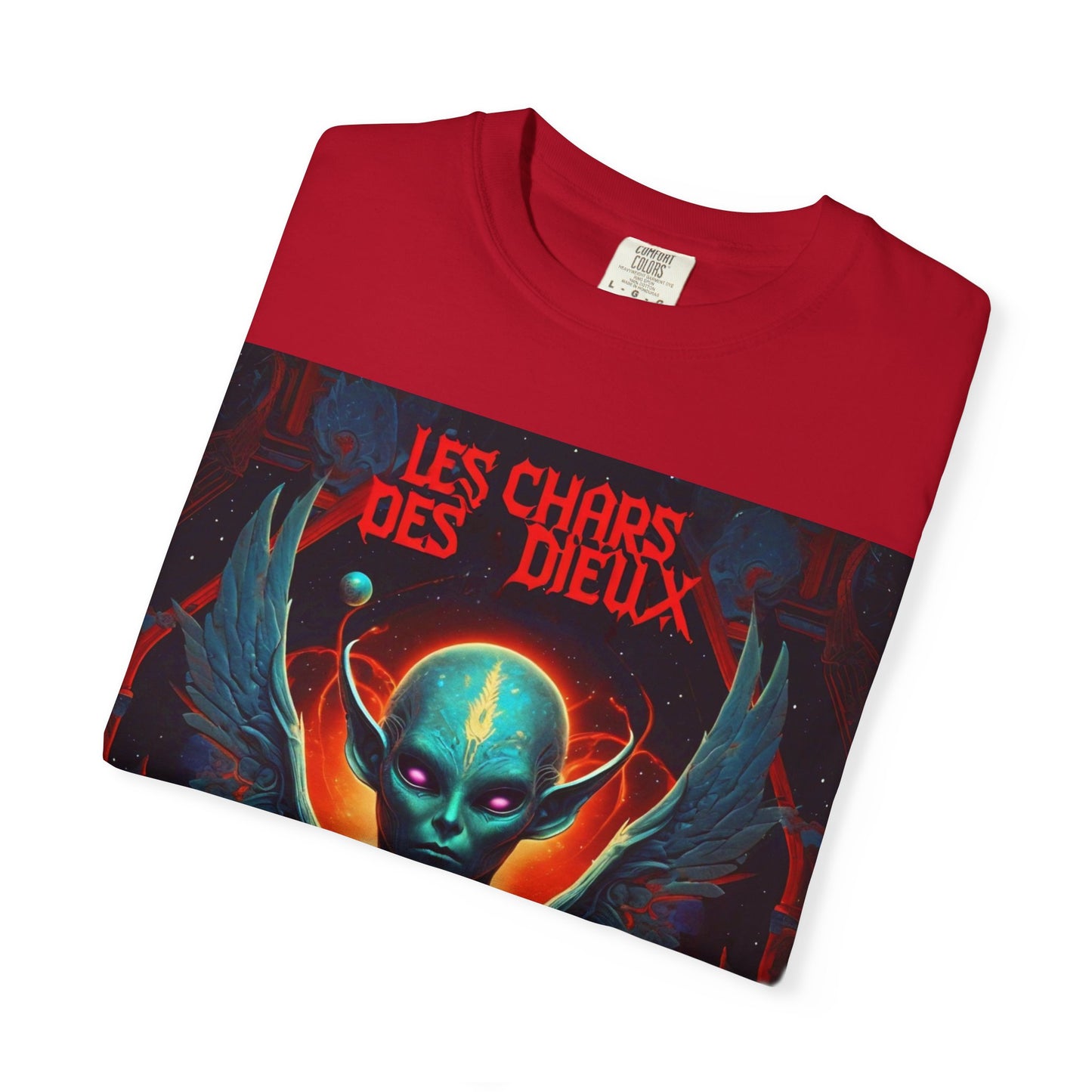 'Les Chars des Dieux' par Potion Mystère, Mystical Alien Graphic T-Shirt | Unisex Tee for Sci-Fi Lovers, Unique Gift for Halloween, Cosmic Vibes, Statement Shirt, Trendy Fashion