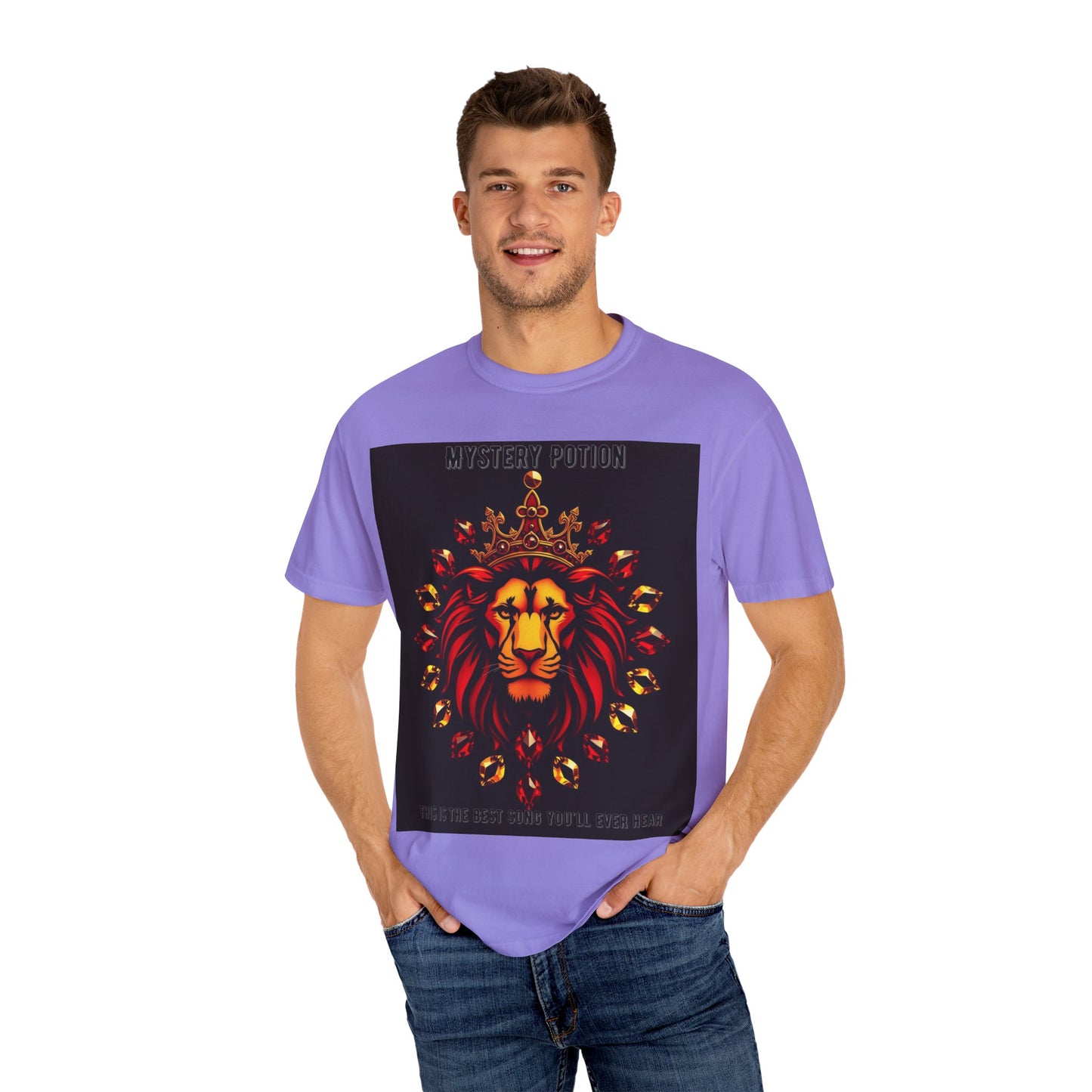 'This Is The Best Song You'll Ever Hear' by Mystery Potion, Bold Graphic Royal Lion T-Shirt, Unisex Tee, Streetwear Style, Gift for Lion Lovers, Perfect for Casual Outings, Unique Clothing