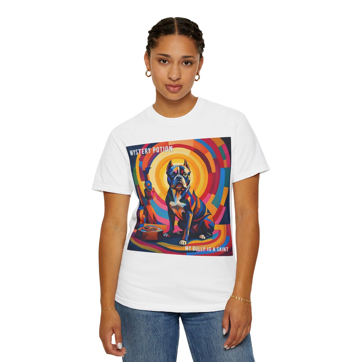 'My Bully Is A Saint' by Mystery Potion Colorful Dog Art T-shirt, Unisex Graphic Tee by Mystery Potion, Perfect for Pet Lovers, Comfy Casual Wear, Great Gift for Dog Lovers