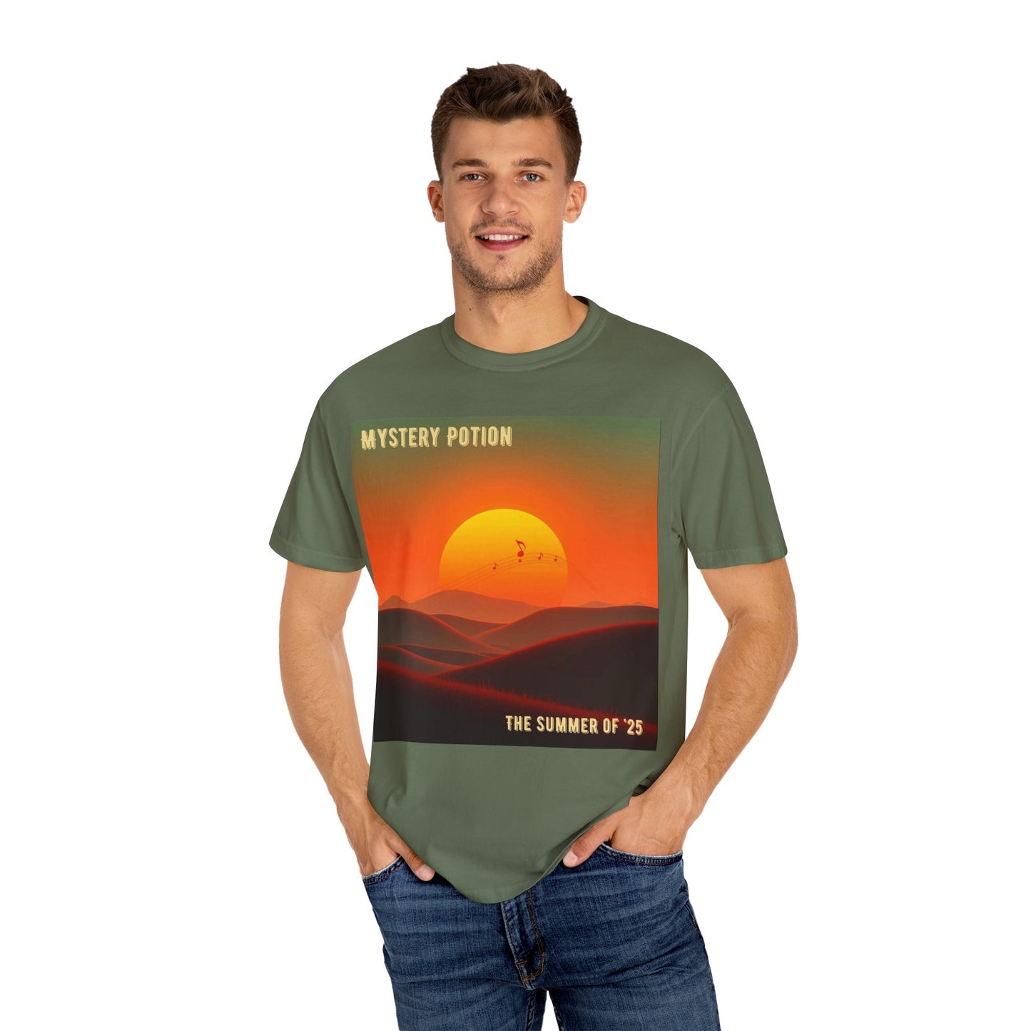 'The Summer of '25'  by Mystery Potion, Mystical Sunset T-Shirt - Unisex Garment-Dyed Tee, Retro Vibe, Bohemian Style, Summer Essential Swag