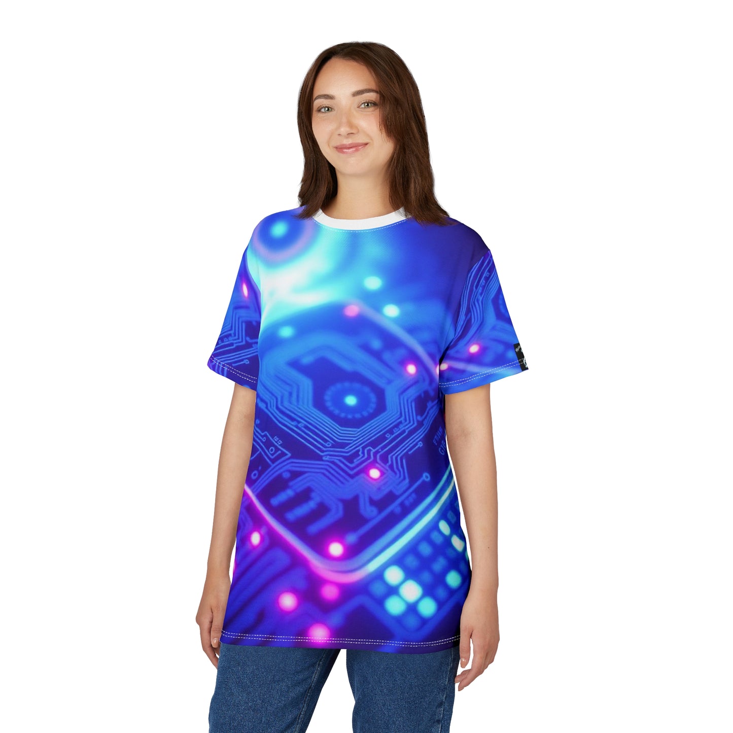 'Genesis' by Mystery Potion Vibrant Tech-Inspired Unisex Tee, AOP Graphic T-Shirt, Unique Cyberpunk Shirt, Trendy Gamer Apparel, Digital Art Fashion Shirt