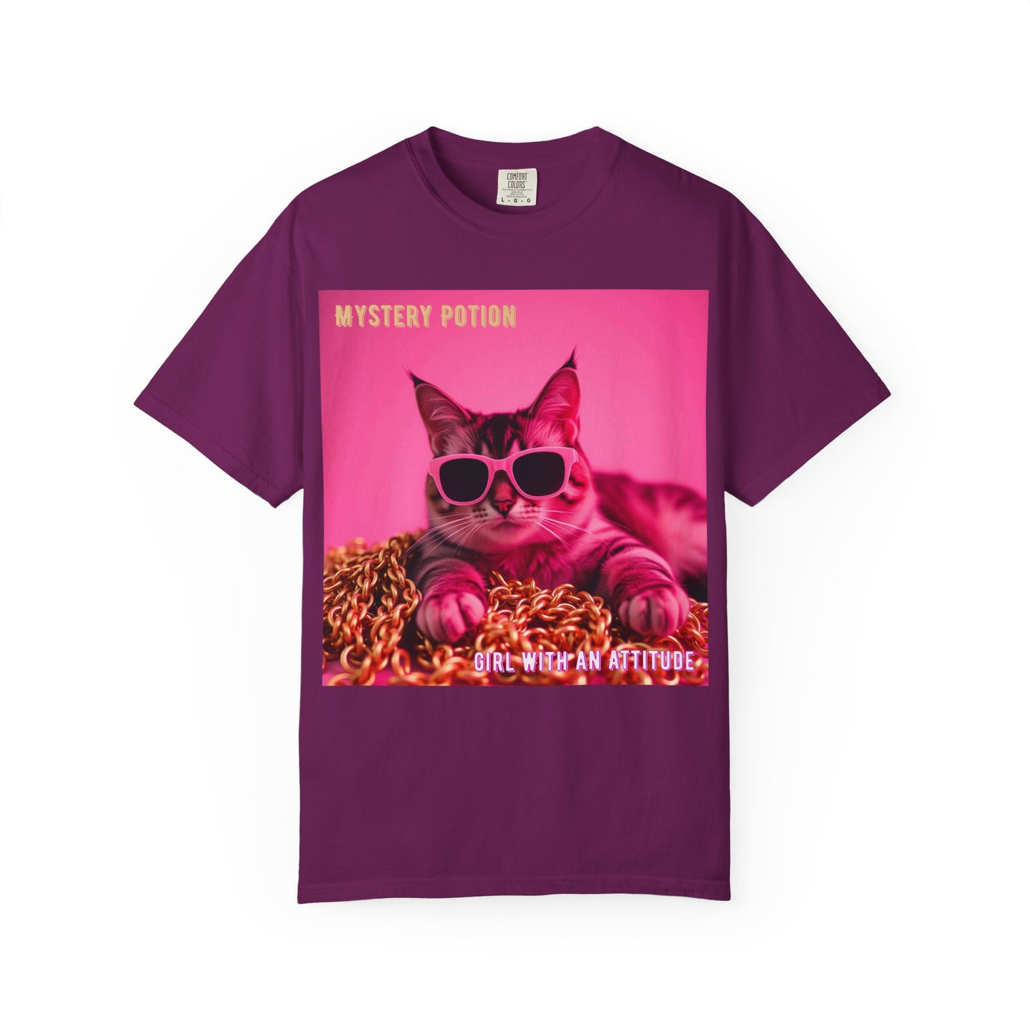 'Girl With An Attitude' by Mystery Potion, Cool Cat T-shirt, Fun Cat Tee, Gift for Cat Lovers, Casual Wear, Unique Fashion Statement, Attitude T-shirt
