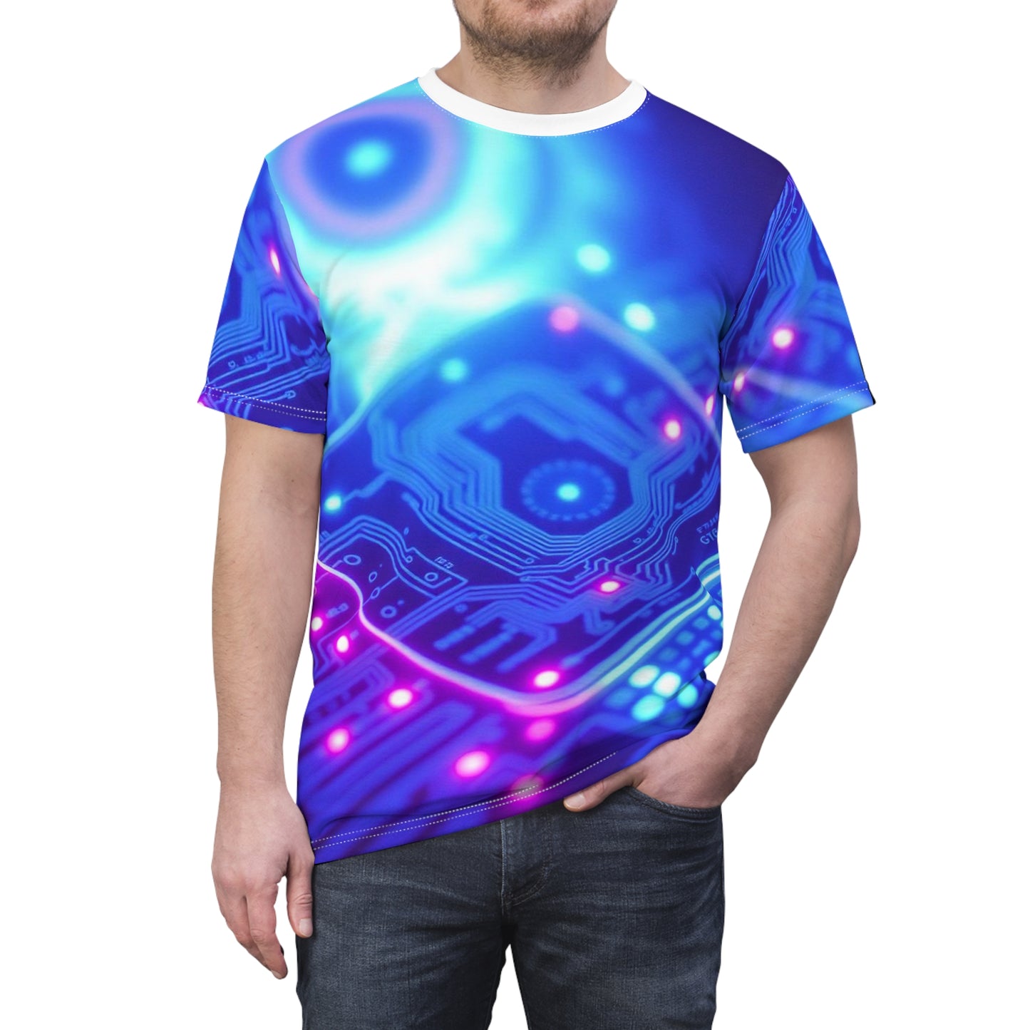 'Genesis' by Mystery Potion Vibrant Tech-Inspired Unisex Tee, AOP Graphic T-Shirt, Unique Cyberpunk Shirt, Trendy Gamer Apparel, Digital Art Fashion Shirt