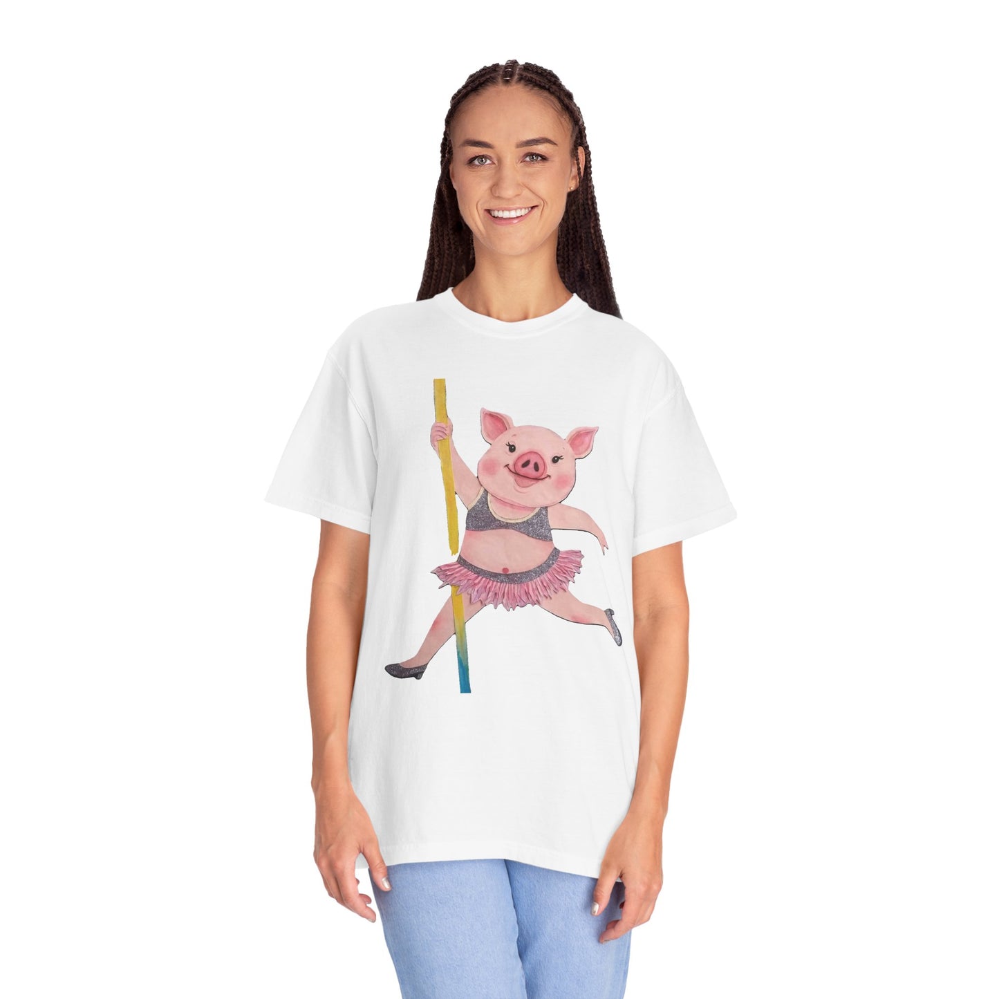 'Playful Pig' T-Shirt, Fun Graphic Tee, Animal Lover Gift, Unique Apparel, Funny T-Shirt, Cute Pig Shirt, Pole-Dancers and Pole Dancing Pig.