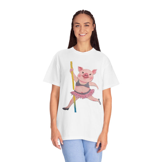 'Playful Pig' T-Shirt, Fun Graphic Tee, Animal Lover Gift, Unique Apparel, Funny T-Shirt, Cute Pig Shirt, Pole-Dancers and Pole Dancing Pig.
