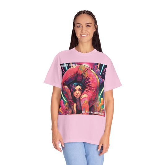 Mystery Potion Extreme Yoga Pose Unisex Garment-Dyed T-shirt, Artistic Tee, Vibrant Graphic Shirt, Unique Gift, Festival Wear, Comfortable Casual Top