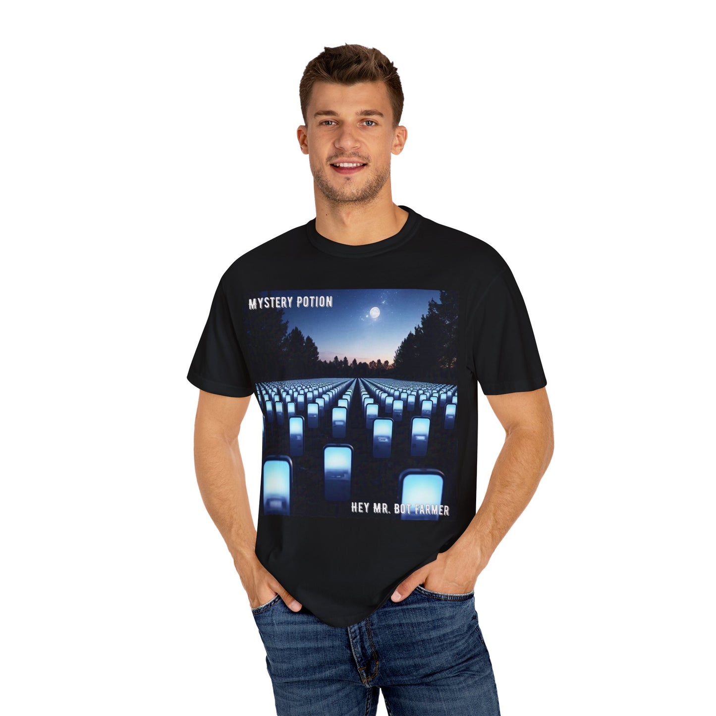 Mystery Potion "Hey Mr. Bot Farmer" Graphic T-Shirt, Unisex Vintage Tee, Perfect for Music Festivals, Casual Wear, Gifts for Him/Her