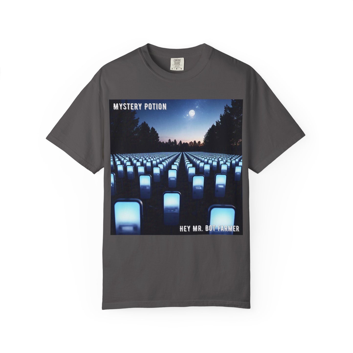 Mystery Potion "Hey Mr. Bot Farmer" Graphic T-Shirt, Unisex Vintage Tee, Perfect for Music Festivals, Casual Wear, Gifts for Him/Her