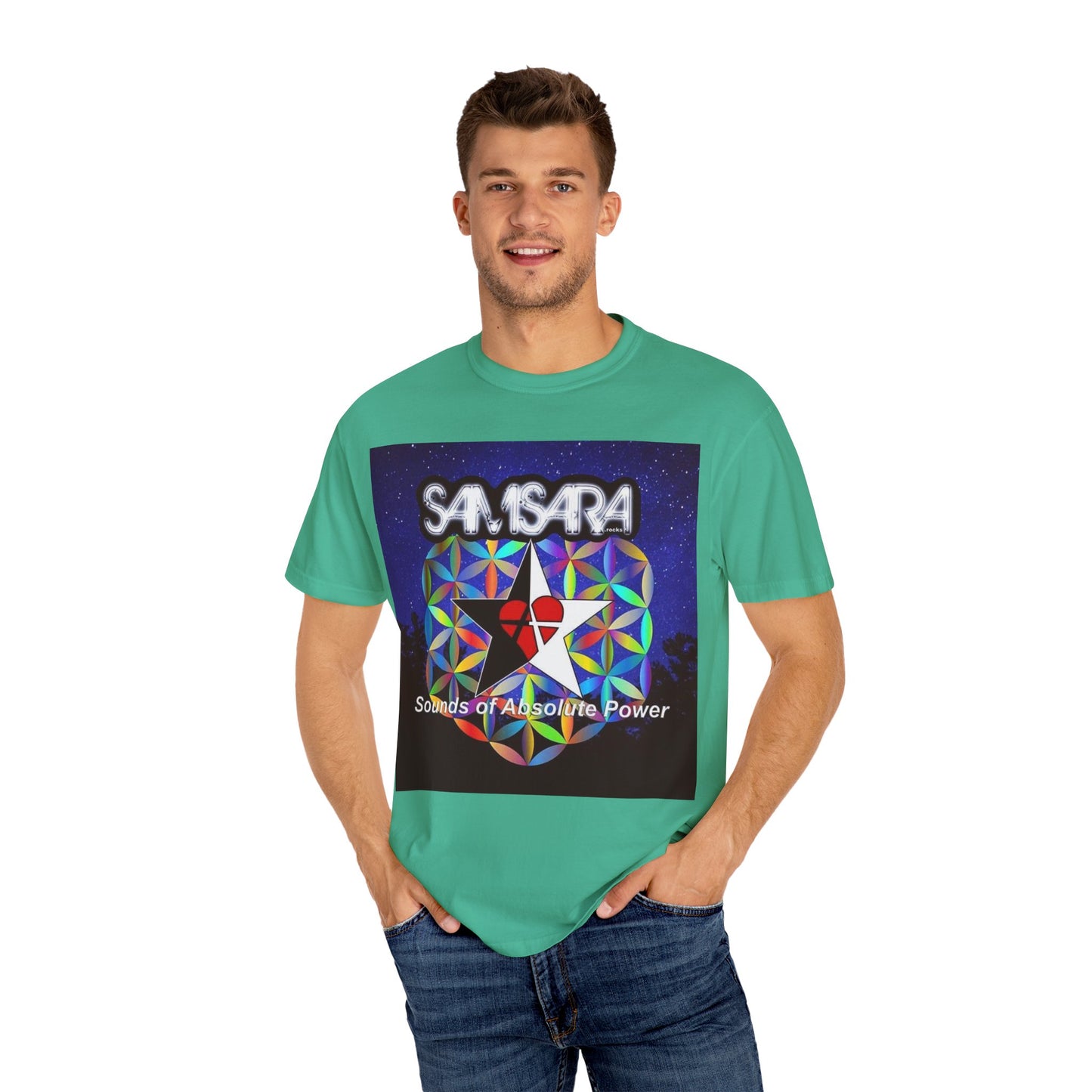 Sounds Of Absolute Power by Samsara Vibrant Graphic T-Shirt for Nature Lovers, Unisex Tee, Festival Wear, Gift for Music Enthusiasts, Bohemian Style Apparel