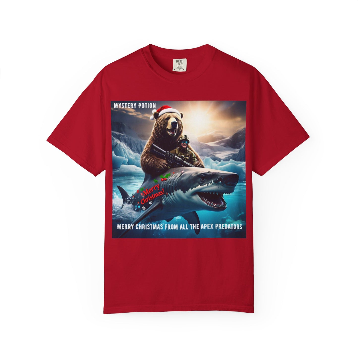 X-mas Humor T-Shirt "Merry Christmas from All the Apex Predators", Unisex Garment-Dyed Tee, Funny Holiday Shirt, Gift for Friends, Outdoor Adventure Wear, Novelty Apparel