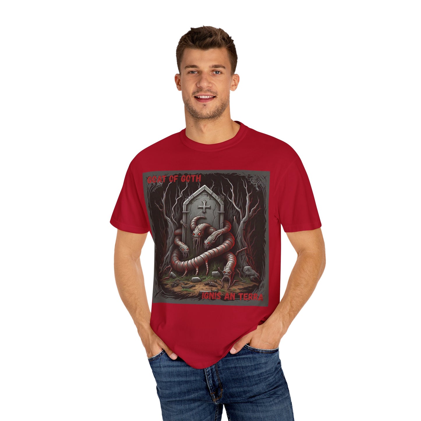 'Ignis An Terra' by GOAT of Goth, Gothic Graphic T-Shirt, Dark Aesthetic Tee, Unisex Halloween Shirt, Unique Gift for Horror Lovers, Casual Everyday Wear