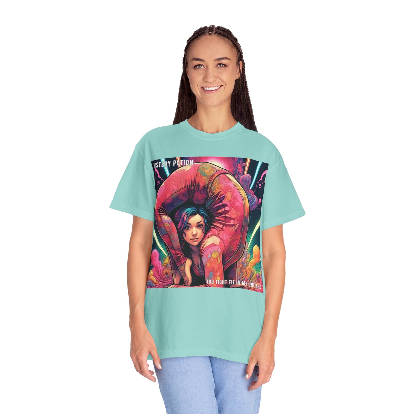Mystery Potion Extreme Yoga Pose Unisex Garment-Dyed T-shirt, Artistic Tee, Vibrant Graphic Shirt, Unique Gift, Festival Wear, Comfortable Casual Top