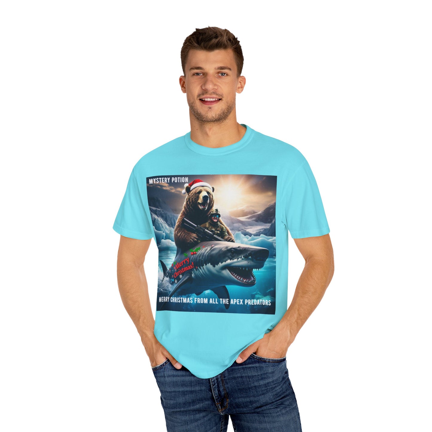 X-mas Humor T-Shirt "Merry Christmas from All the Apex Predators", Unisex Garment-Dyed Tee, Funny Holiday Shirt, Gift for Friends, Outdoor Adventure Wear, Novelty Apparel