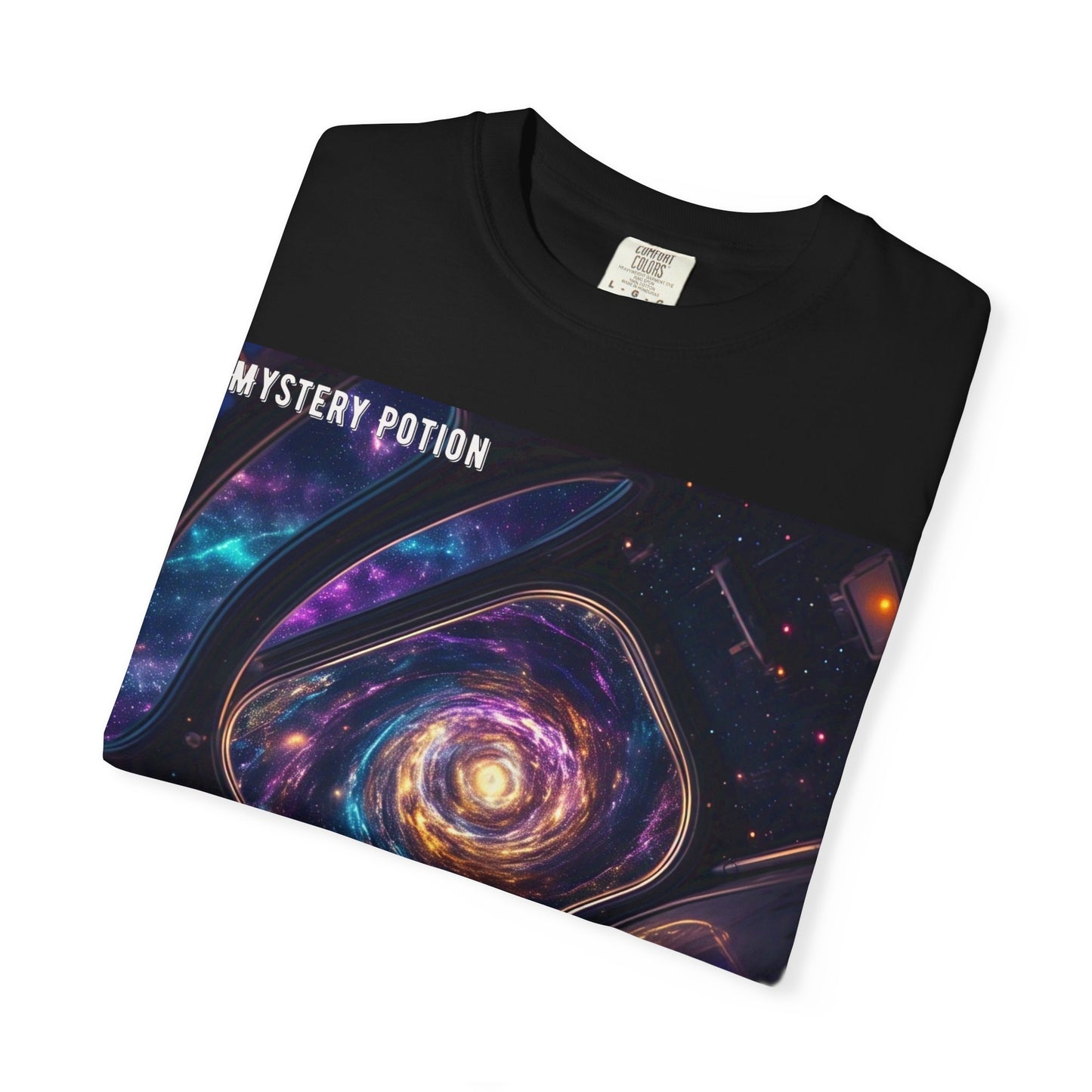 Cosmic Themed Mystery Potion Unisex Garment-Dyed T-shirt, Mystical Tee, Galaxy Shirt, Space Art Apparel, Unique Gift for Event Horizon Stargazers
