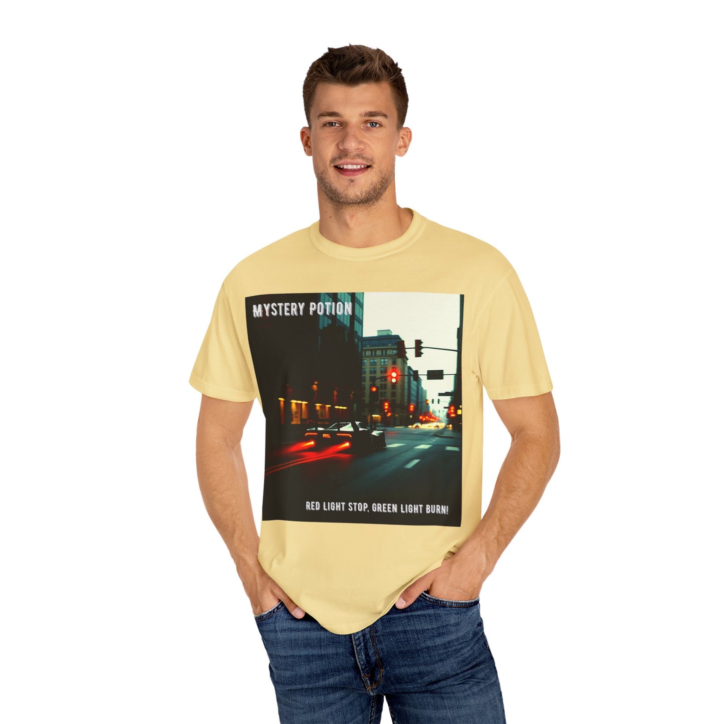 'Red Light Stop, Green Light Burn' by Mystery Potion Urban Vibe T-Shirt, Street Art T-Shirt, Fashion Tee, Gift for Art Lovers, Unisex Cotton Shirt, Unique Graphic Tee
