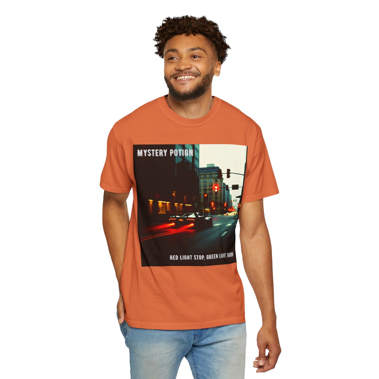 'Red Light Stop, Green Light Burn' by Mystery Potion Urban Vibe T-Shirt, Street Art T-Shirt, Fashion Tee, Gift for Art Lovers, Unisex Cotton Shirt, Unique Graphic Tee