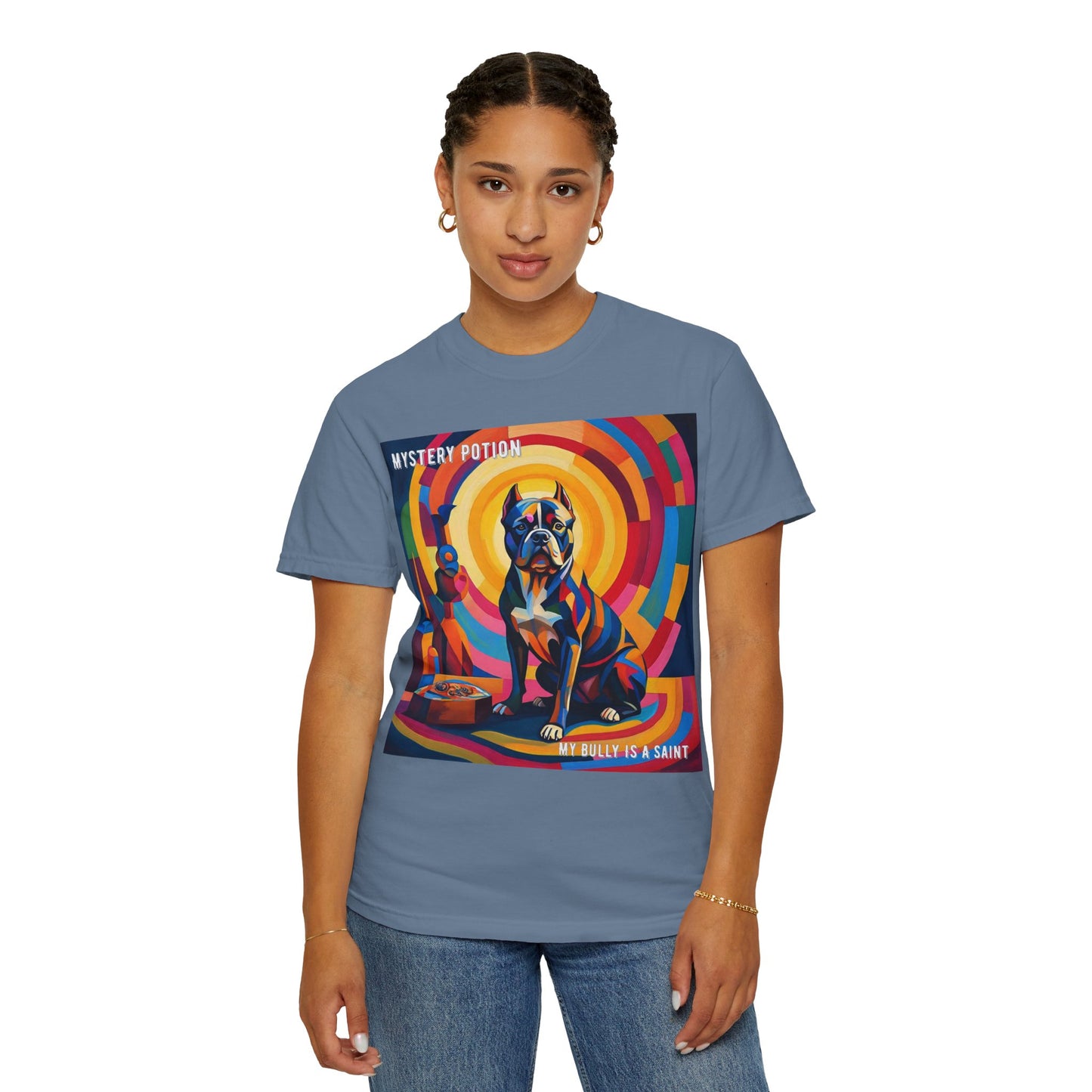 'My Bully Is A Saint' by Mystery Potion Colorful Dog Art T-shirt, Unisex Graphic Tee by Mystery Potion, Perfect for Pet Lovers, Comfy Casual Wear, Great Gift for Dog Lovers