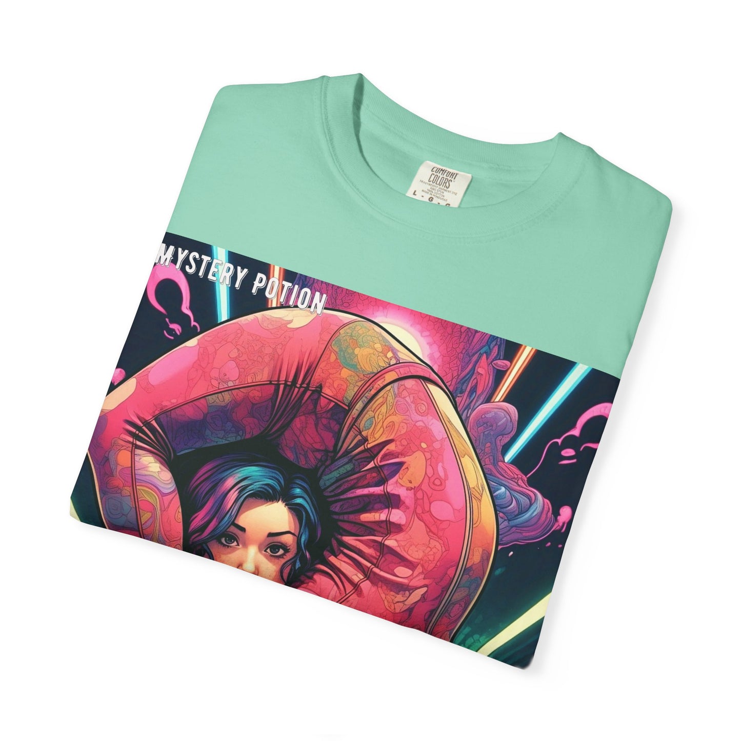 Mystery Potion Extreme Yoga Pose Unisex Garment-Dyed T-shirt, Artistic Tee, Vibrant Graphic Shirt, Unique Gift, Festival Wear, Comfortable Casual Top