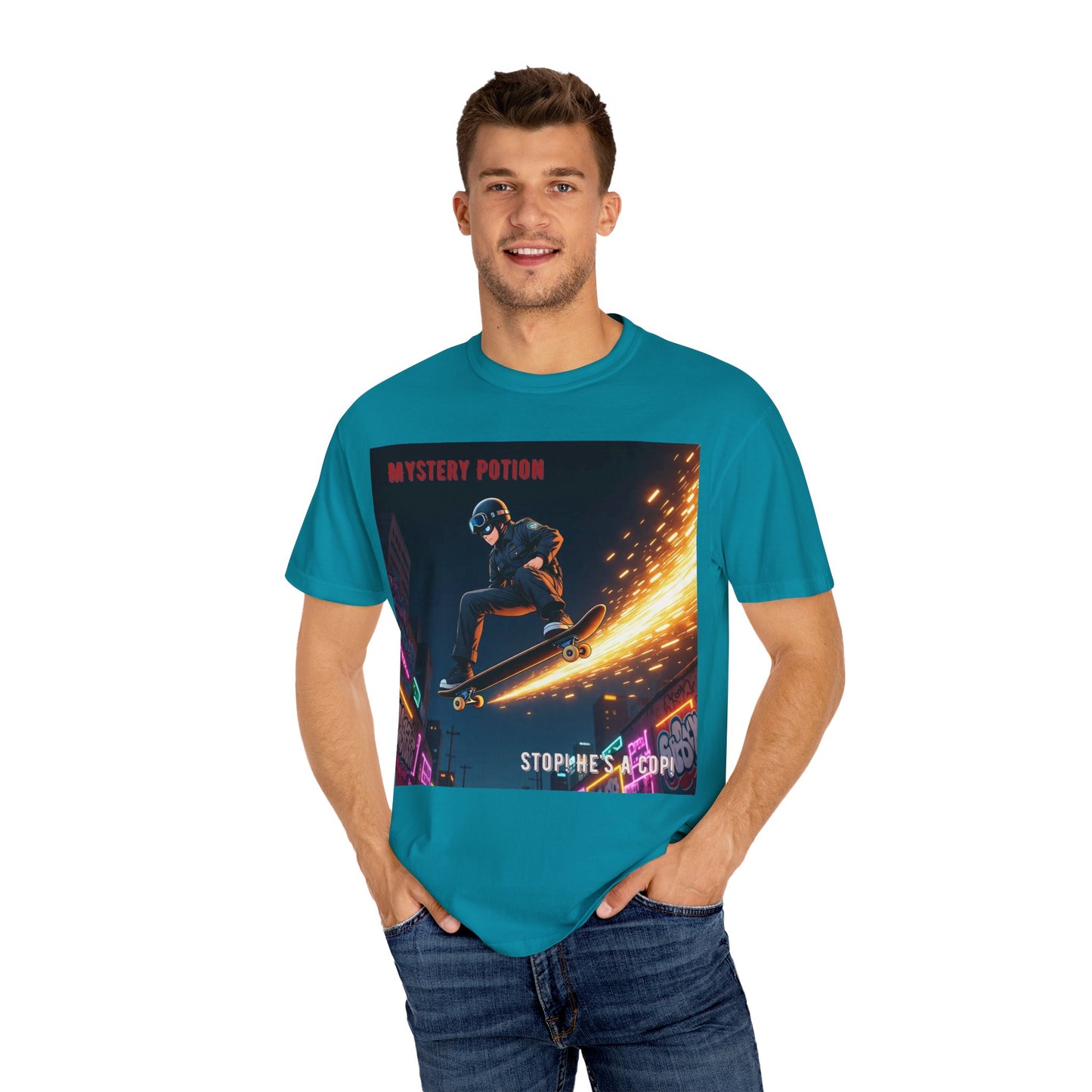 'Stop! He's A Cop!' by Mystery Potion, Skateboard Hardcore Punk T-shirt, Cozy Graphic Tee, Perfect Gift for Skaters, Unisex Streetwear Shirt, Trendy Casual Wear