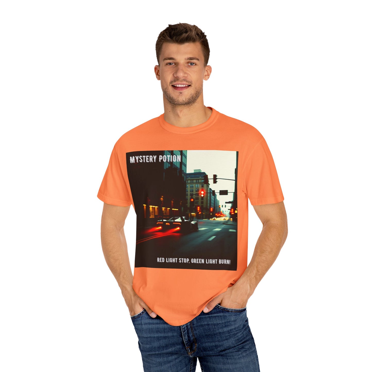 'Red Light Stop, Green Light Burn' by Mystery Potion Urban Vibe T-Shirt, Street Art T-Shirt, Fashion Tee, Gift for Art Lovers, Unisex Cotton Shirt, Unique Graphic Tee